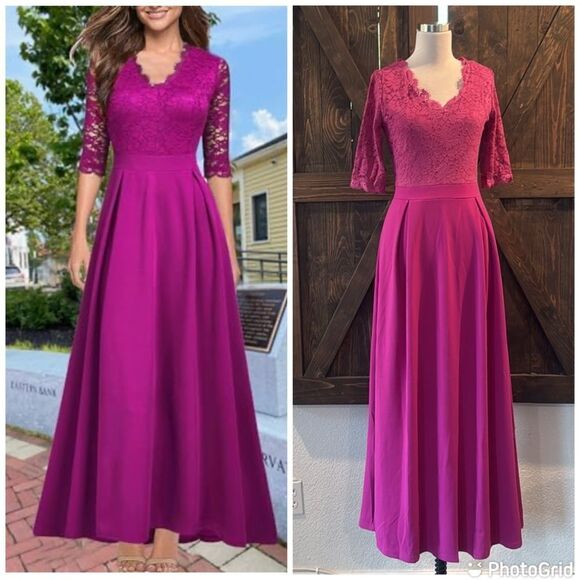 REPHYLLIS V Neck Lace Vintage Formal Bridesmaid Wedding Long Dress - Picture 1 of 10